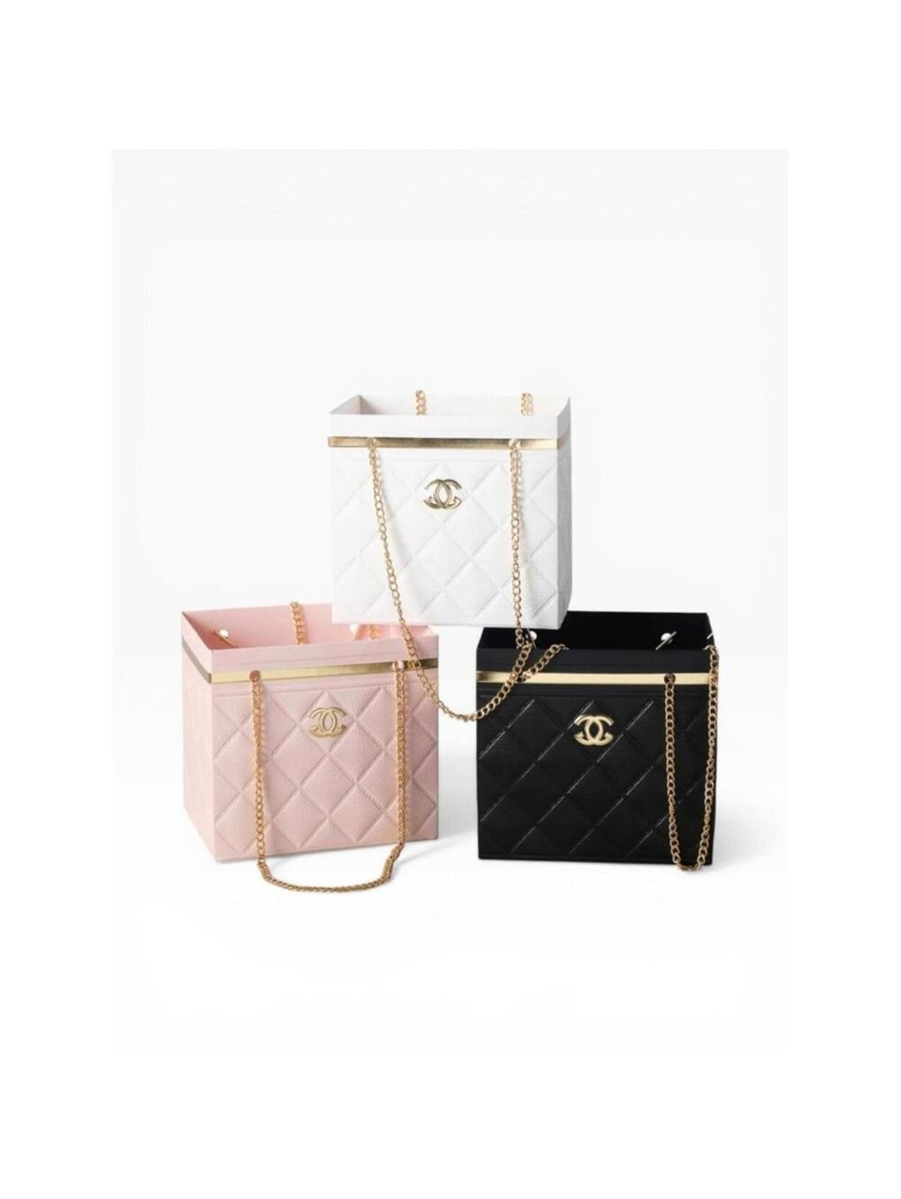 White Quilted Gift Box Bag with Gold Hardware CC Emblem